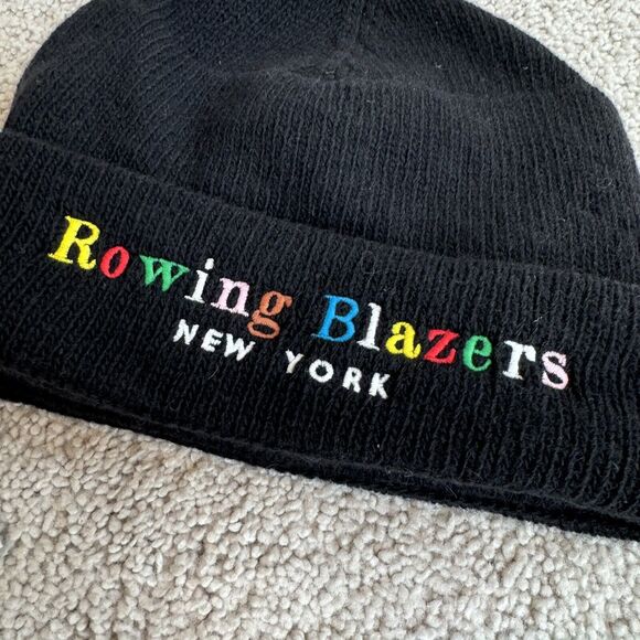 Rowing Blazers Black Stretch Knit Multicolor Logo Unisex Wool Beanie Hat OS NEW - Picture 2 of 7